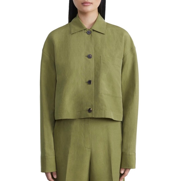 Lafayette 148 New York Silk & Linen Crop Shirt Jacket In Chive NWT Size M